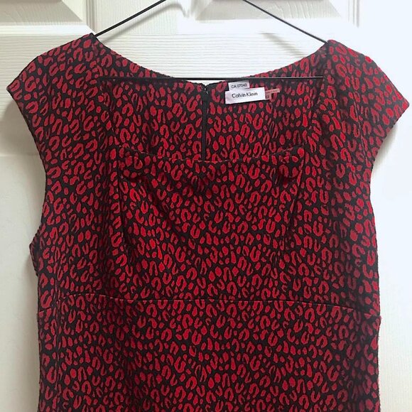 🌹🐾❤️Gorgeous Calvin Klein Red Black Textured Leopard Print Sleeveless Dress - Picture 10 of 16